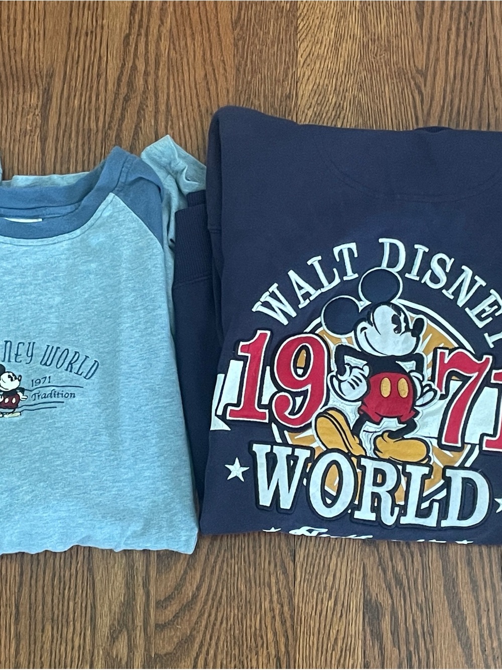 Disney Men’s  Mickey Raglan Tee & Graphic Sweatshirt - Light Blue & Navy